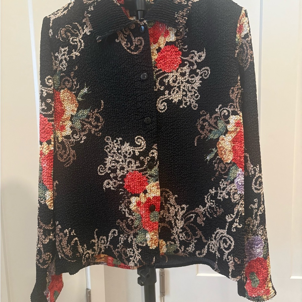 Womens Crinkle Textured Blouse Floral Goth Boho Y2K Shoulder Pads Top Small